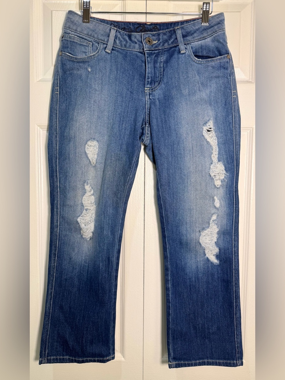 Alice + Olivia Distressed Cropped Straight Leg Jeans Medium Wash est Size 27 USA